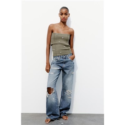 HIGH-RISE RIPPED WIDE-LEG TRF JEANS