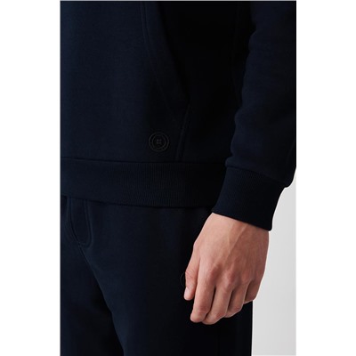 Lacivert Kapüşonlu Yaka İçi Polarlı 3 İplik Pamuklu Regular Fit Standart Kesim Unisex Sweatshirt