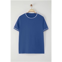 Trendyol Curve Indigo Bisiklet Yaka Biye Detaylı Basic Büyük Beden T-shirt TBBSS25BF00050
