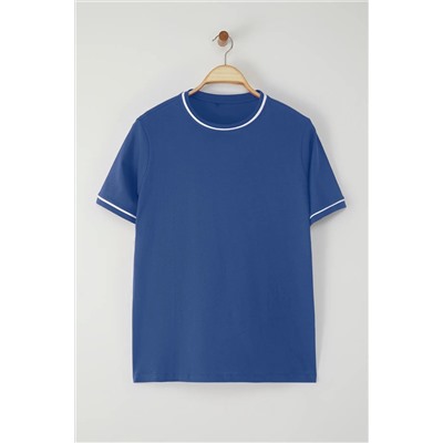 Trendyol Curve Indigo Bisiklet Yaka Biye Detaylı Basic Büyük Beden T-shirt TBBSS25BF00050