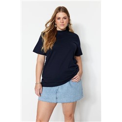 Trendyol Curve Lacivert Yakası Ribanalı Boyfriend %100 Pamuk Örme T-shirt TBBSS23BF00019