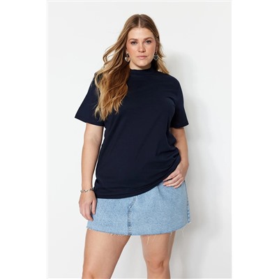 Trendyol Curve Lacivert Yakası Ribanalı Boyfriend %100 Pamuk Örme T-shirt TBBSS23BF00019