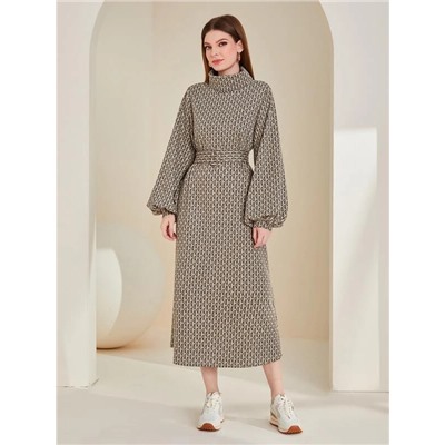 SHEIN Mulvari Allover Print Lantern Sleeve Belted Sweatshirt Dress
