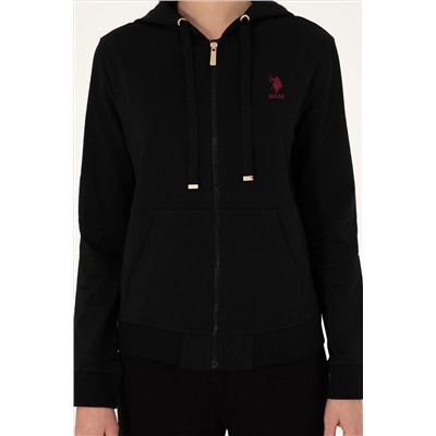 Kadın Siyah Kapüşonlu Fermuarlı Sweatshirt
