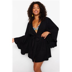 Siyah Kolu Fırfırlı Volanlı Viskon Plaj Giyim Dokuma Büyük Beden Kimono&Kaftan TBBSS23DE00001