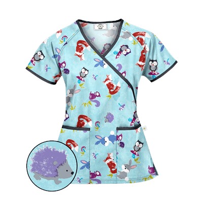 Happy Scrubs® Fall Friends Angel Blue Mock Wrap Scrub Top