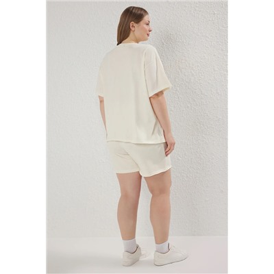 Taş Regular Fit Slogan Baskılı Örme Büyük Beden T-shirt Şort Alt- Üst Takım TBBSS25CP00004