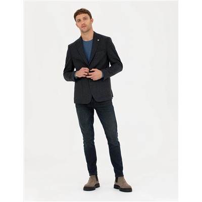 Lacivert Slim Fit Yün Karışımlı Ceket