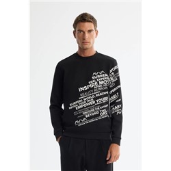 Avva, Erkek Siyah Bisiklet Yaka Baskılı Elastan Sweatshirt A42y1285