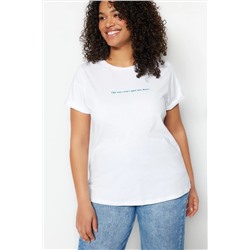Beyaz Regular Fit Bisiklet Yaka Slogan Baskılı %100 Pamuk Örme Büyük Beden T-Shirt TBBSS23BF00034