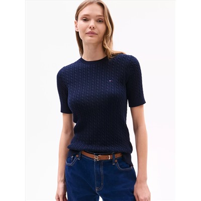 Short-Sleeve Cable Knit Sweater