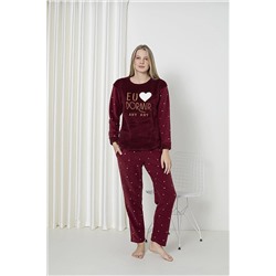 SEBOTEKS Dormir Kalp Desenli Peluş Polar Cepli Kadın Pijama Takımı 4403 SBTKS4403