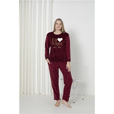 SEBOTEKS Dormir Kalp Desenli Peluş Polar Cepli Kadın Pijama Takımı 4403 SBTKS4403