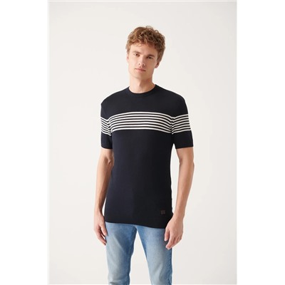 Avva, Erkek Lacivert Bisiklet Yaka Göğsü Ve Kolu Çizgi Detaylı Triko T-shirt A31y5116