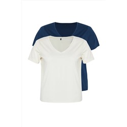Çok Renkli 2'li Paket Basic Örme Büyük Beden T-Shirt TBBSS22TS0705