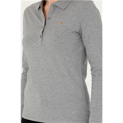 Kadın Gri Melanj Basic Polo Yaka Sweatshirt