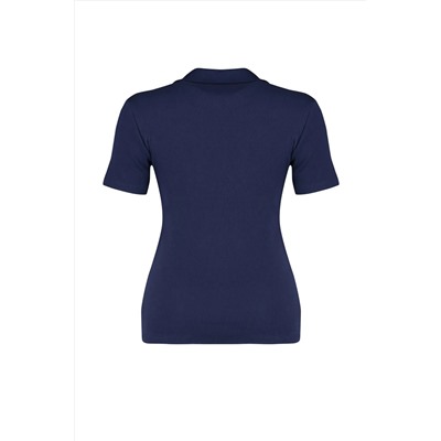 Lacivert Polo Yaka Vücuda Oturan Fitilli Örme Bluz TBBSS22BZ0750