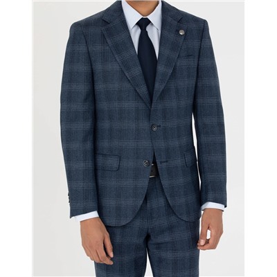 %100 Yün Ekose Lacivert Ekstra Slim Fit Takım Elbise