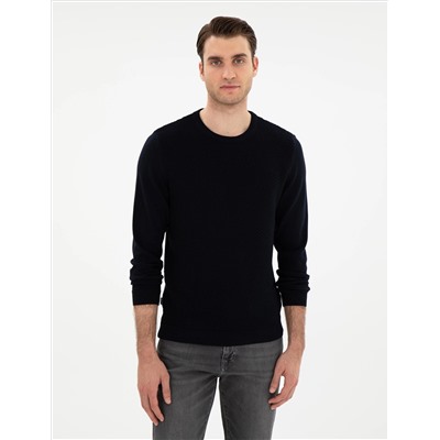 Açık Lacivert Slim Fit Bisiklet Yaka Triko Kazak