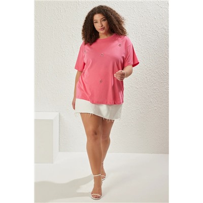 Pembe Kalp Aksesuar Detaylı Oversize %100 Pamuk Örme T-shirt TBBSS24BF00008