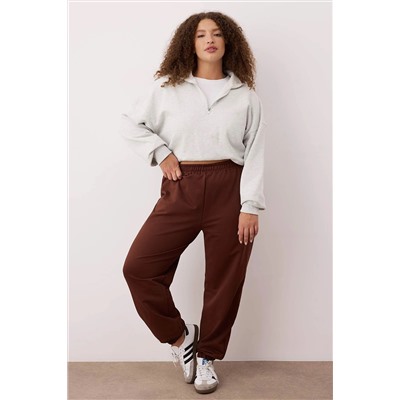 Kahverengi Loose Jogger İnce Paçası Lastikli Esnek Bel Örme Büyük Beden Eşofman Altı TBBAW23AJ00002