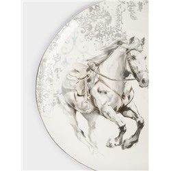 Тарелка обеденная, 28 см, фарфор N, белая, с серебристым кантом, Конь, White horse