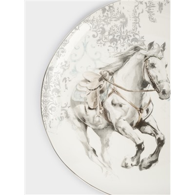 Тарелка обеденная, 28 см, фарфор N, белая, с серебристым кантом, Конь, White horse