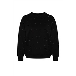 Siyah Kalın Taşlı Detaylı Örme Büyük Beden Sweatshirt TBBAW24SW00000