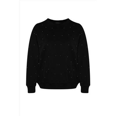 Siyah Kalın Taşlı Detaylı Örme Büyük Beden Sweatshirt TBBAW24SW00000