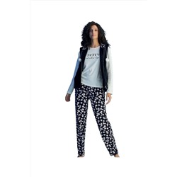 BIES Kadın Yuvarlak Yaka Polar Hırkalı - Yelekli Uzun Kol Penye Cepli Pijama Takımı 3'lü Set (3 PARÇA) TYC00579693127