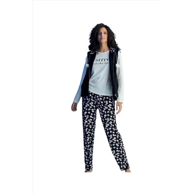 BIES Kadın Yuvarlak Yaka Polar Hırkalı - Yelekli Uzun Kol Penye Cepli Pijama Takımı 3'lü Set (3 PARÇA) TYC00579693127