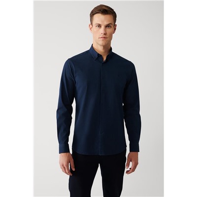 Lacivert Düğmeli Yaka Çizgili Pamuklu Kolay Ütülenen Slim Fit Dar Kesim Gömlek