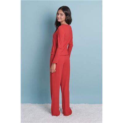 Pijama largo algodón canalé suave rojo