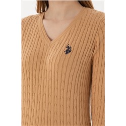 Kadın Camel V Yaka Basic Kazak