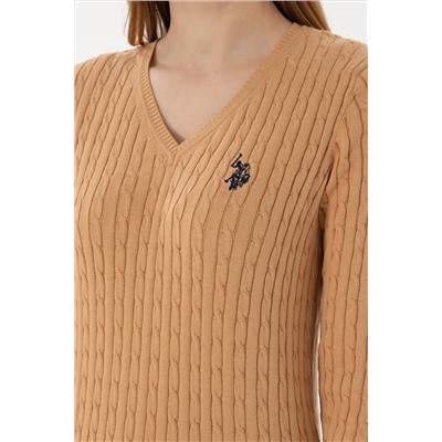 Kadın Camel V Yaka Basic Kazak