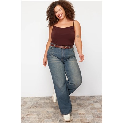 Mavi Yüksek Bel Soluk Efekt Vintage Yıkama Geniş Paça Büyük Beden Wide Leg Jeans TBBSS24CJ00042