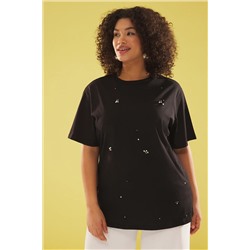 Siyah Bisiklet Yaka Taşlı %100 Pamuk Örme Büyük Beden Tshirt TBBSS25BF00012