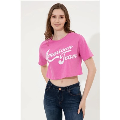 Kadın Pembe Bisiklet Yaka Crop Tişört