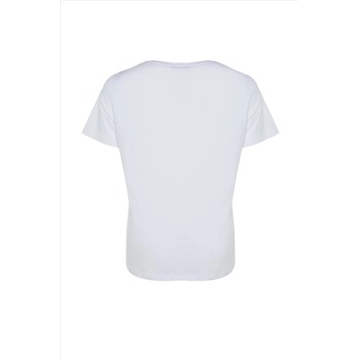 Beyaz Regular Fit Bisiklet Yaka Slogan Baskılı %100 Pamuk Örme Büyük Beden T-Shirt TBBSS23BF00034