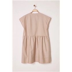 Camel Düğmeli Poplin Dokuma Büyük Beden Elbise TBBSS25AH00161