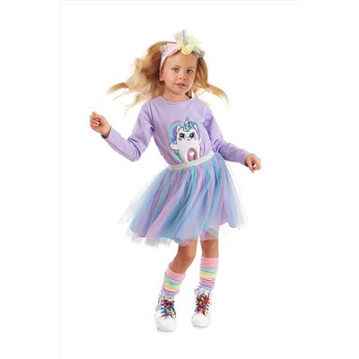 DenokidsGökkuşağı Kedicorn Kız Çocuk Tüllü Elbise