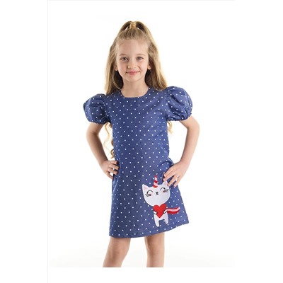Denokids Kedicorn Dokuma Puantiyeli Kız Çocuk Lacivert Elbise CFF-22Y1-041