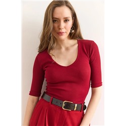 Olalook Kadın Bordo Derin V Yaka Duble Kol Esnek Pamuk Bluz BLZ-19002951