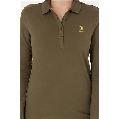 Kadın Haki Polo Yaka Basic Sweatshirt