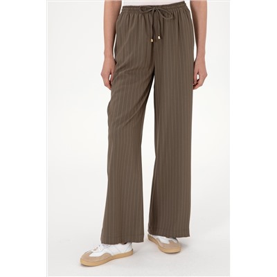 Kadın Vizon Çizgili Loose Relax Fit Kanvas Pantolon