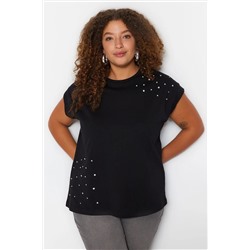 Siyah Bisiklet Yaka Taşlı %100 Pamuk Örme T-shirt TBBSS23BF00041