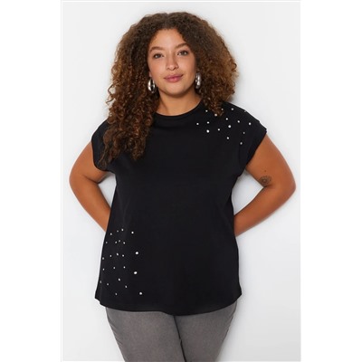 Siyah Bisiklet Yaka Taşlı %100 Pamuk Örme T-shirt TBBSS23BF00041