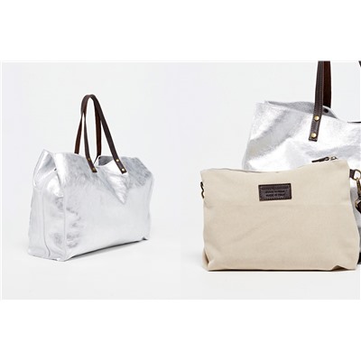 Bolso shopper y neceser de piel Nary Plateado