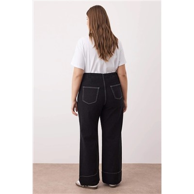 Antrasit Yüksek Bel Dikiş Detaylı Geniş Paça Büyük Beden Wide Leg Jeans TBBAW26CJ00017