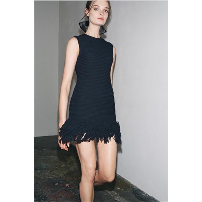 CHECK KNIT FRINGED DRESS